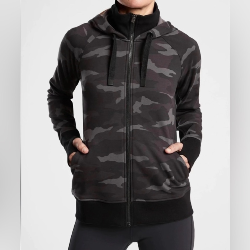 Athleta Triumph Printed Hoodie full zip cotton in gray camo with black accents L